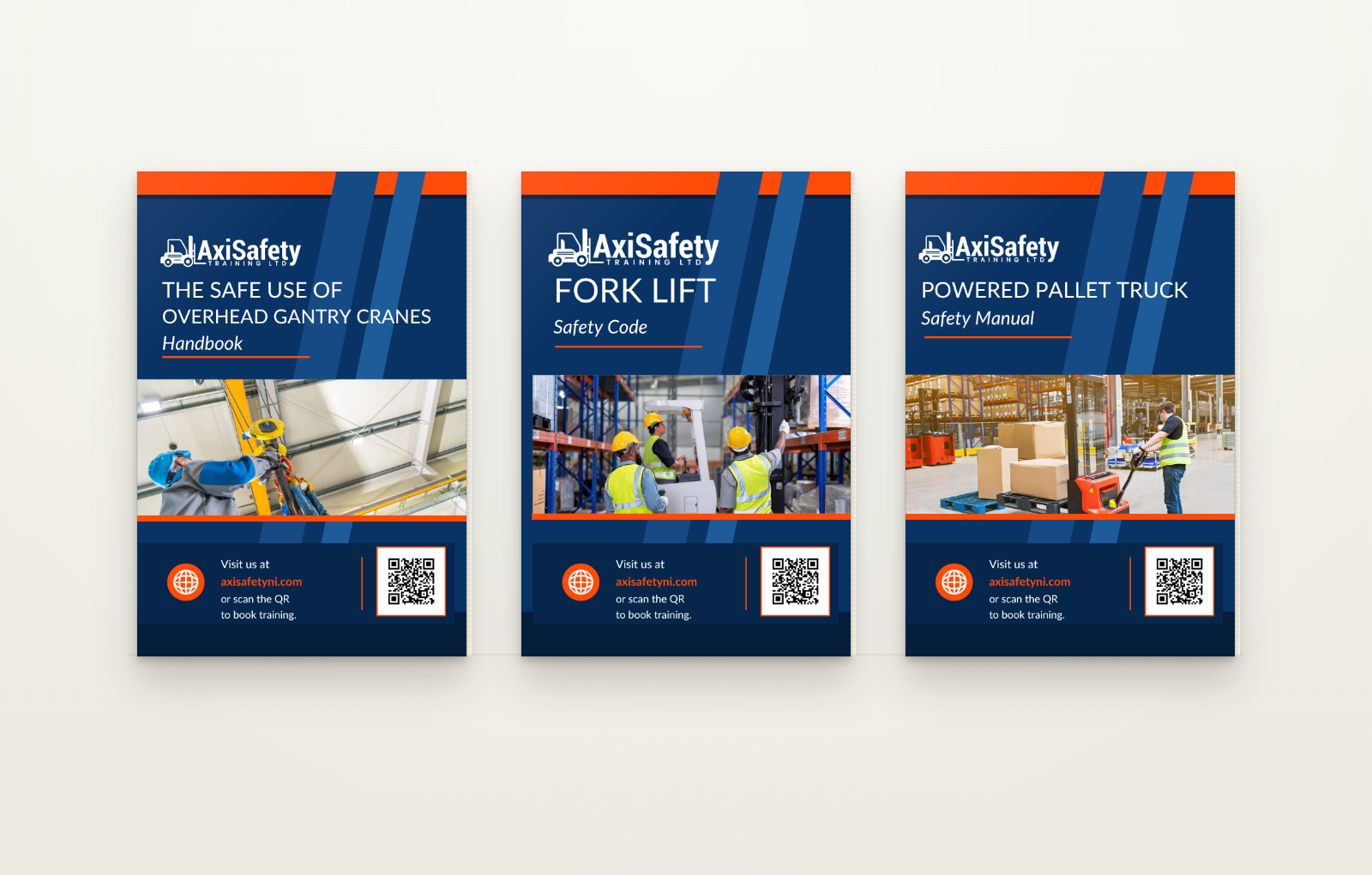 AxiSafety Training safety booklets designed by Vergielyn Cubol, Fork Lift Safety Code, Overhead Gantry Crane Handbook and Powered Pallet Truck Safety Manual, with brand voice and layout carried from the website into print
