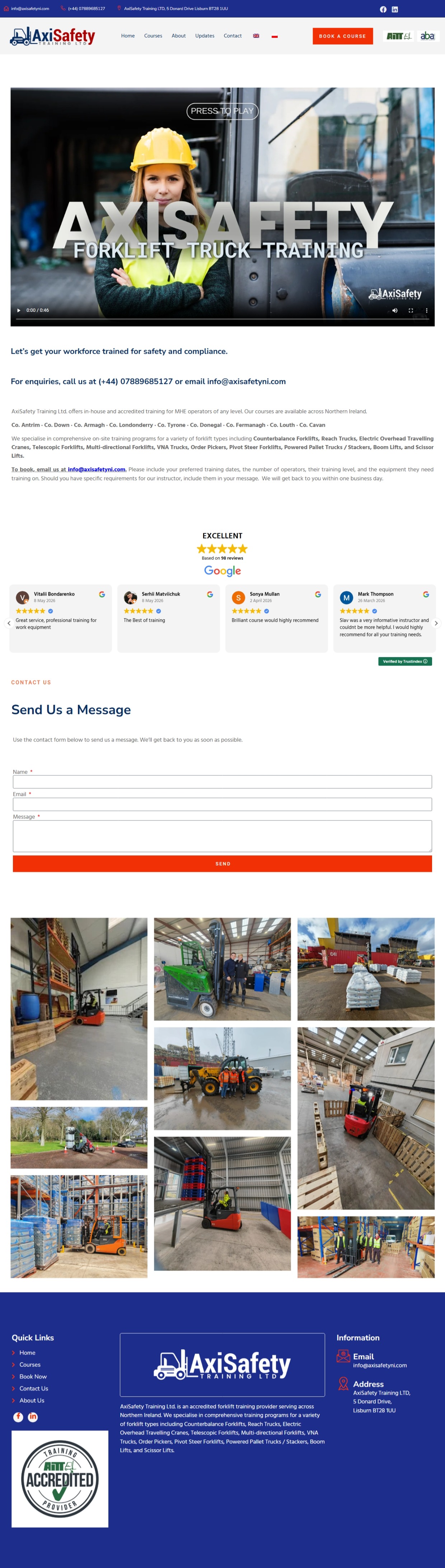 AxiSafety Training website homepage, built and copywritten by Vergielyn Cubol, showing the forklift training hero, service areas, Google reviews, contact form, and gallery