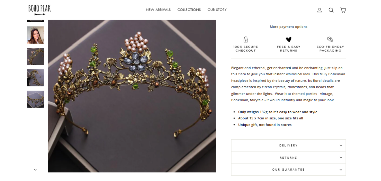 Boho Peak Bohemian tiara product page copywriting by Vergielyn Cubol, describing the nature-inspired headpiece with zircon crystals, rhinestones, and beads