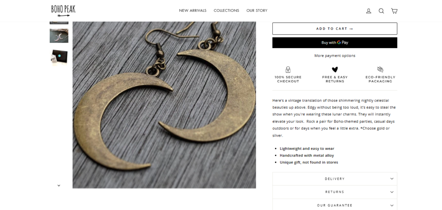 Boho Peak crescent moon earrings product page copywriting by Vergielyn Cubol, a vintage take on lunar charms for Boho-themed looks