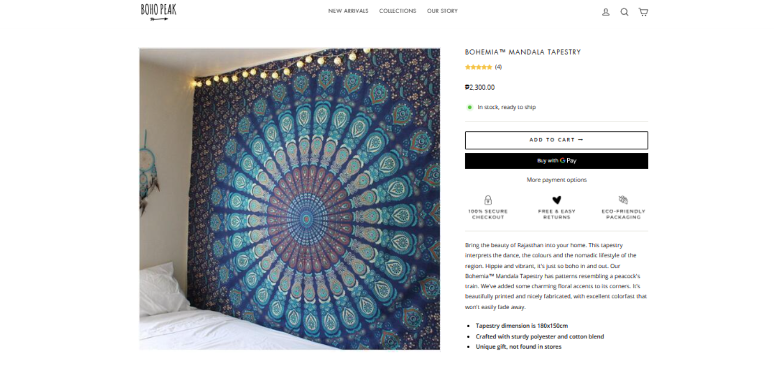 Boho Peak Bohemia Mandala Tapestry product page copywriting by Vergielyn Cubol, evoking Rajasthan with a peacock-train mandala pattern and fabric specs