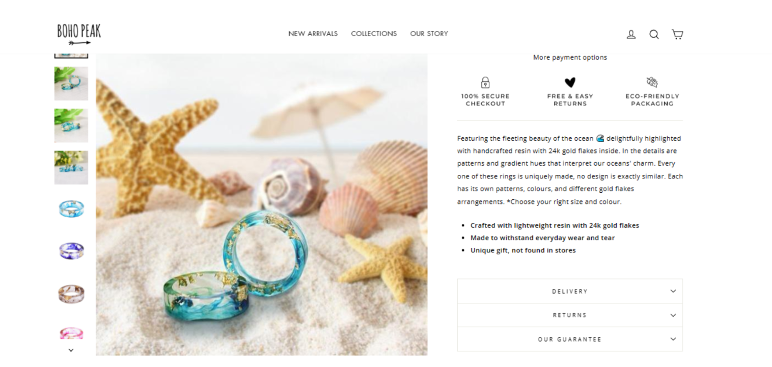 Boho Peak ocean resin ring product page copywriting by Vergielyn Cubol, highlighting handcrafted resin with 24k gold flakes and one-of-a-kind patterns