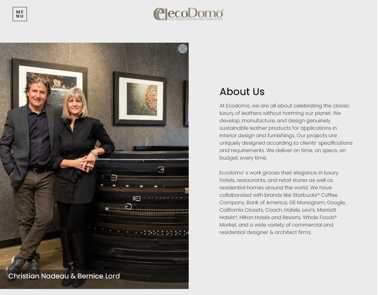 Ecodomo About Us page introducing founders Christian Nadeau and Bernice Lord and the brand's luxury sustainable leather positioning