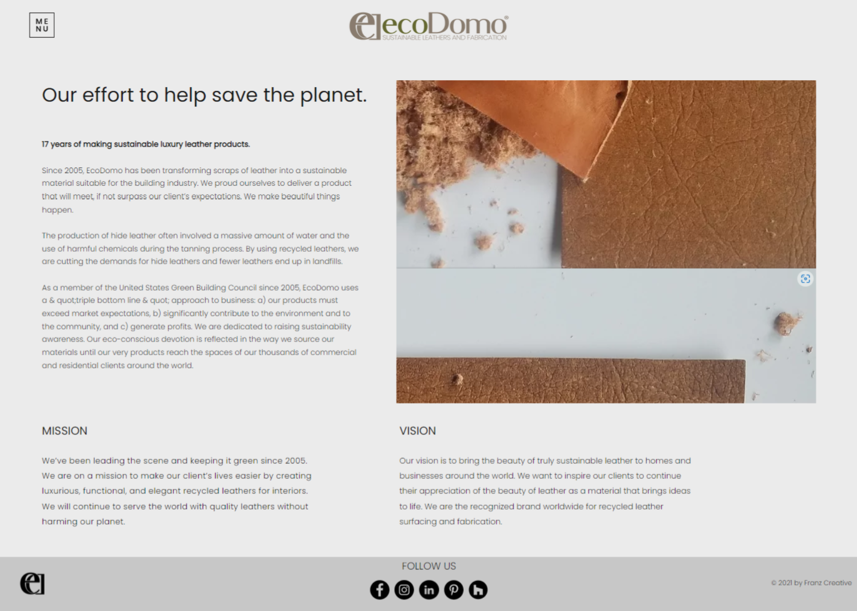 Ecodomo sustainability page, 'Our effort to help save the planet', with mission and vision statements for recycled luxury leather