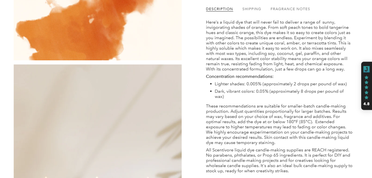 Scentivore liquid candle dye product page copywriting by Vergielyn Cubol, technical product description with concentration guidance