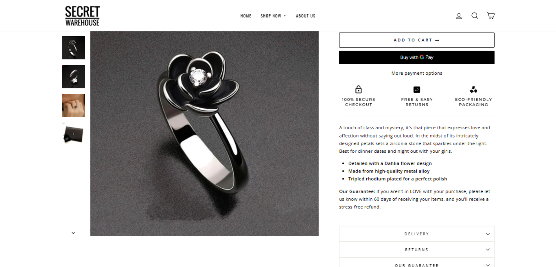 Secret Warehouse black dahlia flower ring product page copywriting by Vergielyn Cubol, highlighting the zirconia stone and rhodium-plated finish