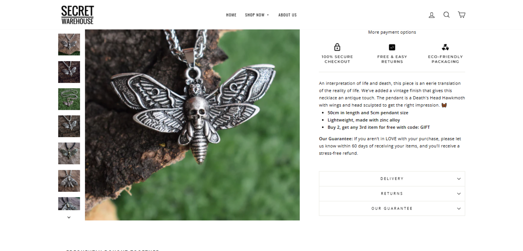 Secret Warehouse Death's Head moth skull necklace product page copywriting by Vergielyn Cubol, describing the vintage finish and sculpted pendant detail