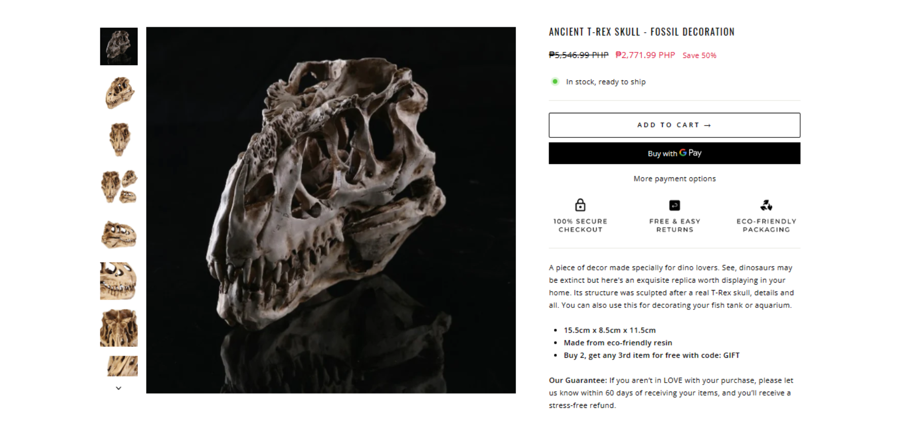 Secret Warehouse Ancient T-Rex Skull fossil decoration product page copywriting by Vergielyn Cubol, with sculpted replica detail and eco-friendly resin specs