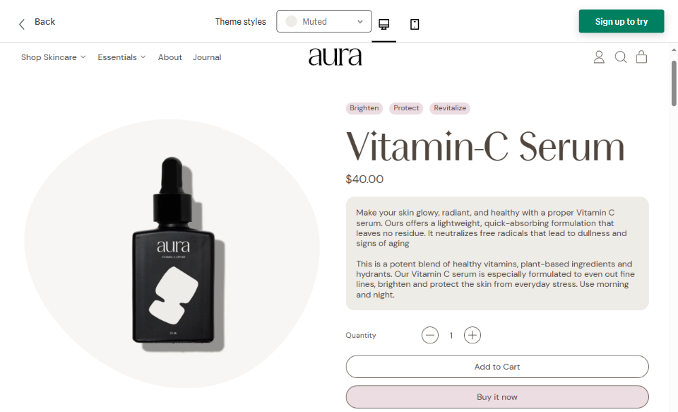 Shapes theme Muted style demo store, Aura Vitamin-C Serum product page with sophisticated, understated product copy by Vergielyn Cubol