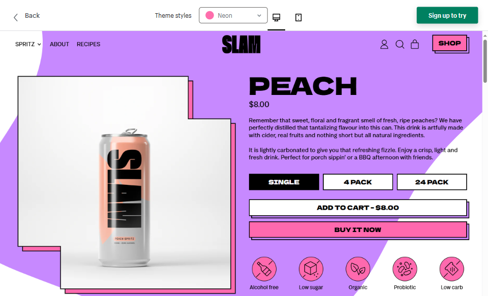 Shapes theme Neon style demo store, Slam Peach Spritz product page with bold, energetic product copy by Vergielyn Cubol
