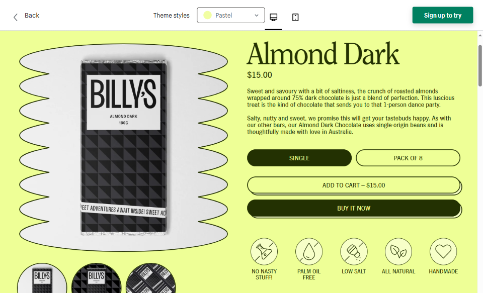 Shapes theme Pastel style demo store, Billy's Almond Dark chocolate product page with friendly, approachable product copy by Vergielyn Cubol