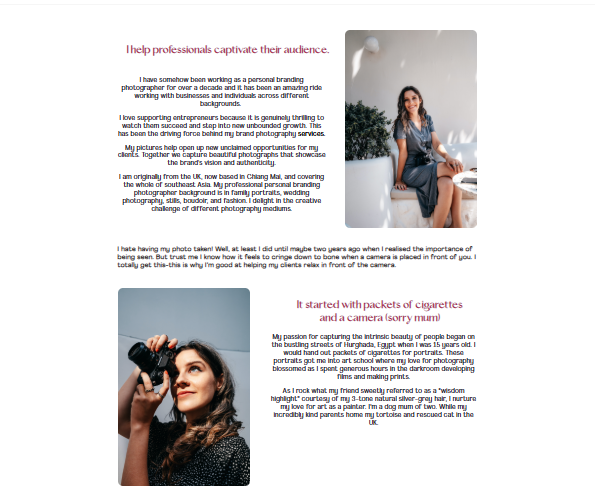 Shot by Char about page copy introducing Charlotte Graham as a personal branding photographer, written by Vergielyn Cubol