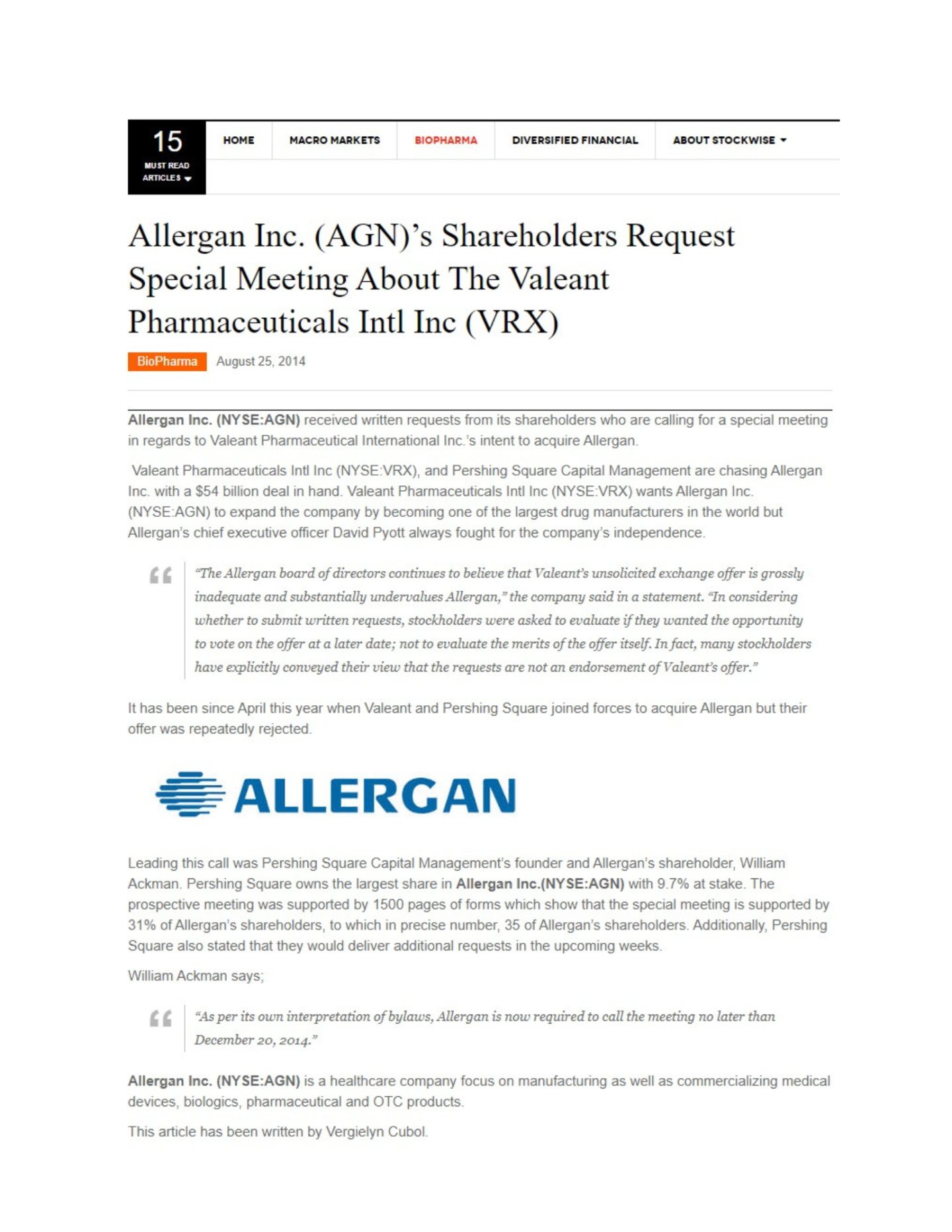 Stockwise Daily article by Vergielyn Cubol, Allergan Inc. (AGN) shareholders request special meeting about Valeant Pharmaceuticals (VRX)