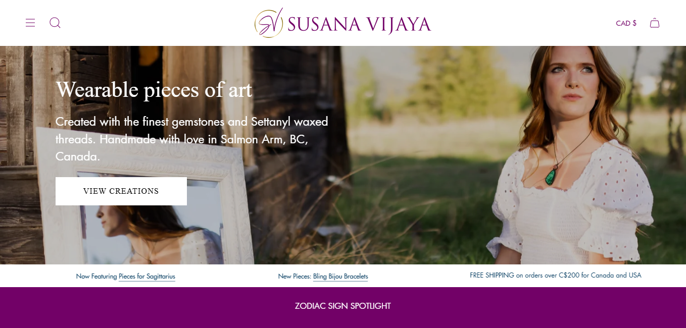 Susana Vijaya jewellery website homepage, 'Wearable pieces of art' for an ethically sourced artisan jewellery maker in Salmon Arm, BC