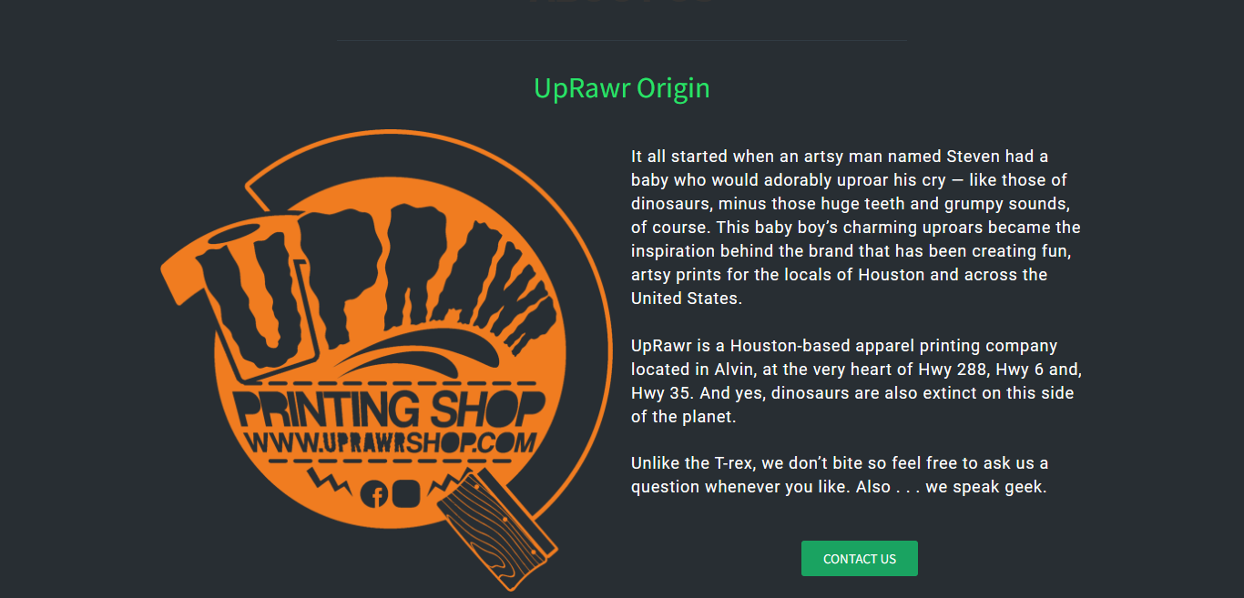 Uprawr origin story website copy by Vergielyn Cubol, full brand narrative paired with the Uprawr printing shop logo