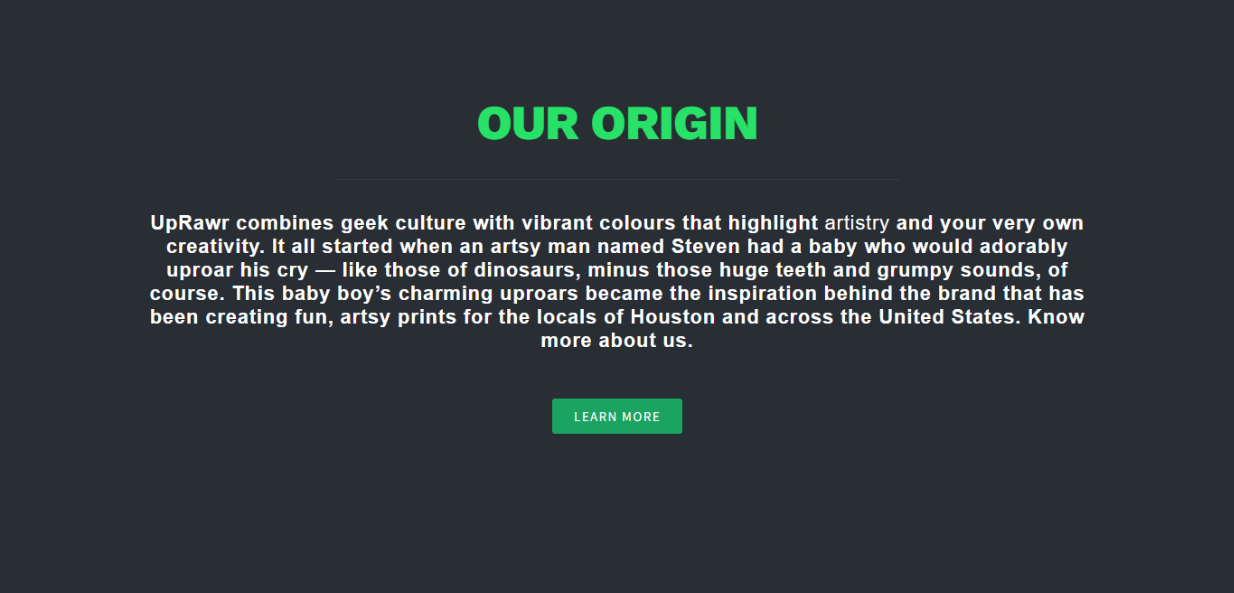 Uprawr 'Our Origin' website copy by Vergielyn Cubol, playful brand-origin narrative for a geek-culture print shop