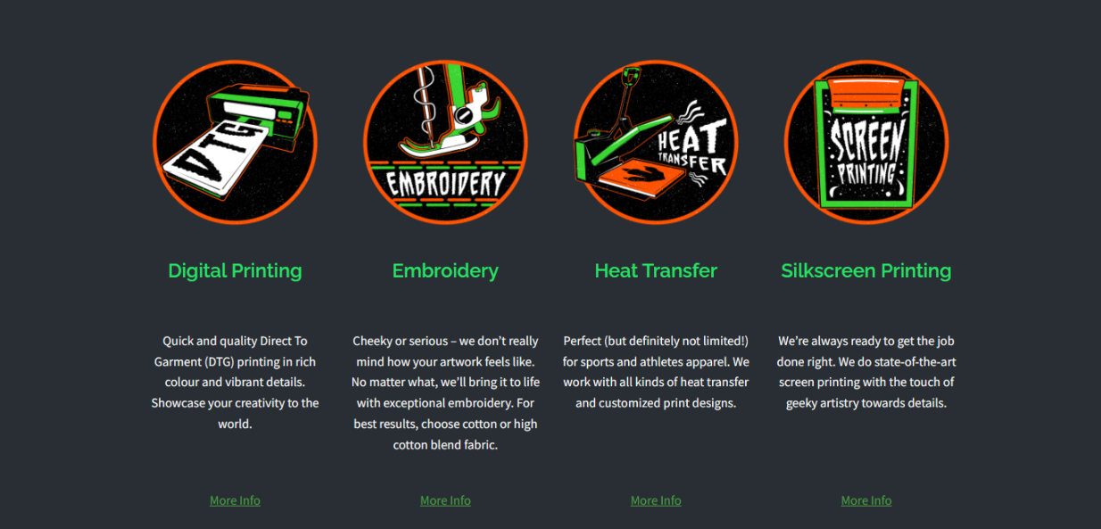 Uprawr printing services website copy by Vergielyn Cubol, digital printing, embroidery, heat transfer, and silkscreen descriptions