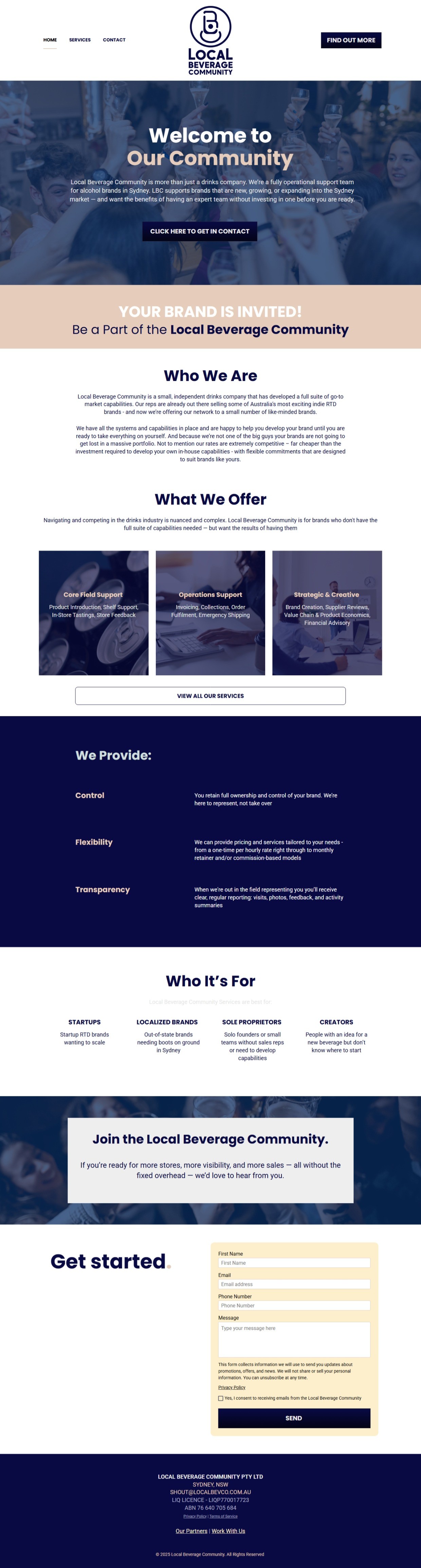 Local Beverage Community website, brand, copy and web design by Vergielyn Cubol for a Sydney drinks go-to-market support company