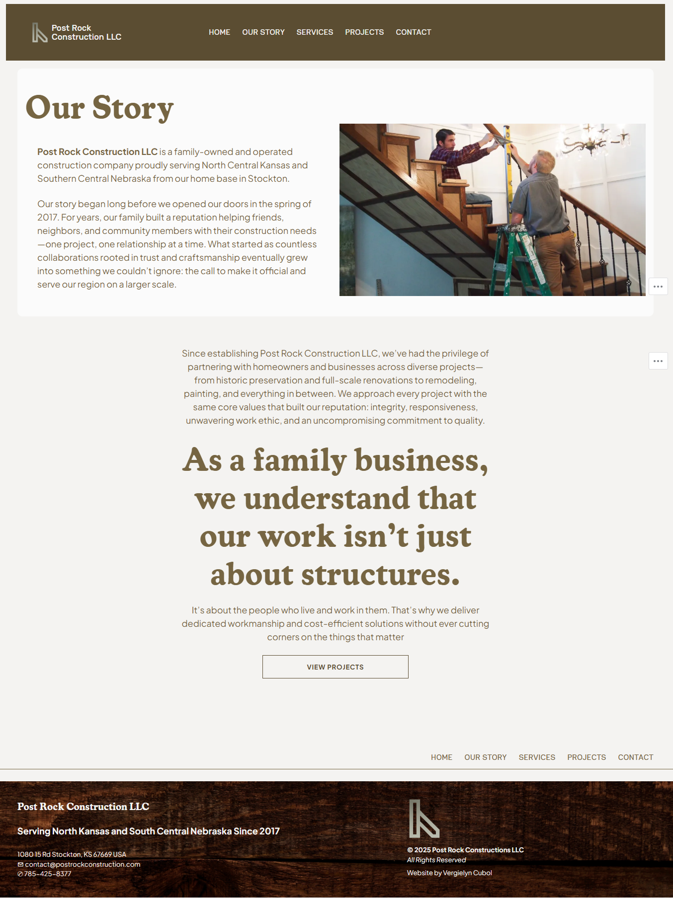 Post Rock Construction LLC website 'Our Story' page, brand and copy by Vergielyn Cubol for a family-owned Kansas construction company