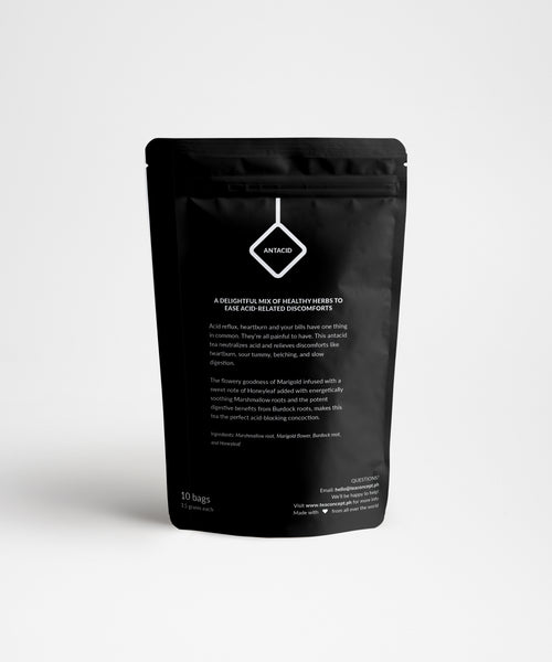 Teaconcept Antacid tea pack back label copywriting by Vergielyn Cubol, acid-relief herbal blend label