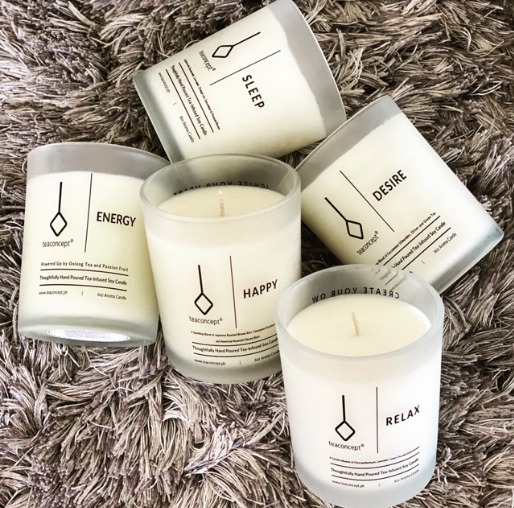 Teaconcept tea-infused aroma candle range, Energy, Happy, Desire, Relax and Sleep, with copywriting by Vergielyn Cubol