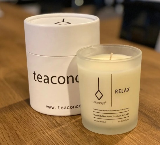 Teaconcept Relax tea-infused soy candle with packaging tube, copywriting by Vergielyn Cubol
