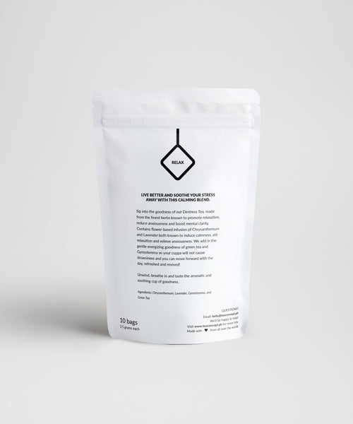 Teaconcept Relax tea pack back label copywriting by Vergielyn Cubol, calming destress blend label
