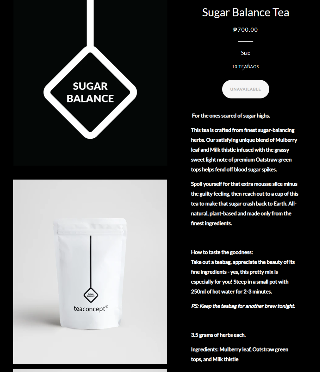 Teaconcept Sugar Balance Tea product page copywriting by Vergielyn Cubol, benefit-led product description for a sugar-balancing herbal blend